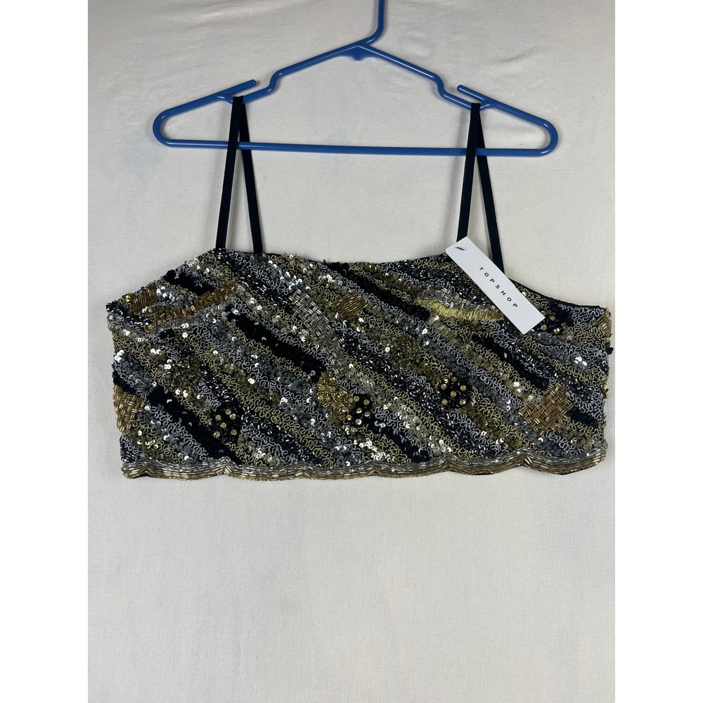Topshop Sequin Beaded Crop Top Black Gold Silver Embellished Cami NWT 1484